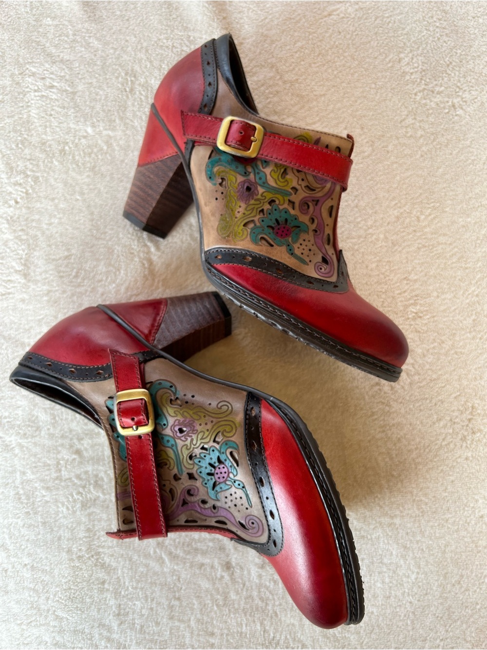 Spring Step L’Artiste Tooled Leather Booties Size 8.5 Floral Wingtip Heels NEW - Picture 8 of 12